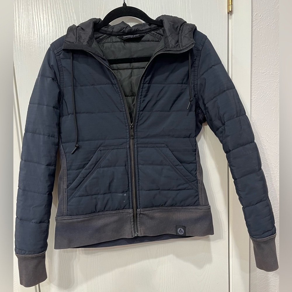 American Giant Full Zip Hooded Puffer Jacket Nylon Quilted Black Women's Ski Sm